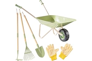 ROBUD Juego de jardinería con carretilla para niños con rastrillo para hojas, pala, azada y guantes, 6 piezas de juguetes de jardín para niños pequeños a partir de 3 años, herramientas de jardinería