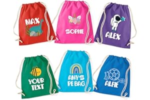 Pomchick, Personalised 100% Cotton PE Bag with Kids Name Back To School Swimming Kit Unicorn Astronaut Football Dinosaur Rain