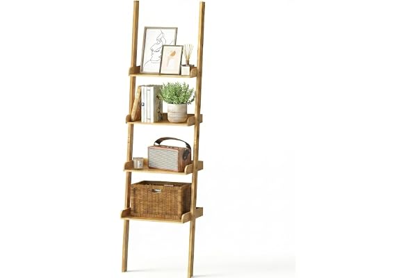 Ribelli Steghylla med 4 hyllor, bokhylla av 100% bambu, ca 33T x 43,5 B x 175 cm, stående hylla mot vägg för arbetsrum, vardagsrum, badrum, kök, 510301
