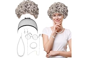 KATOOM 7PCS Old Lady Fancy Dress Grandma Costume Accessories Grey Curly Granny Wig Glasses with Chain Pearl Bead Earring Bracelet Old Women Cosplay Set World Book Day Carnival Masquerade Adult Kids