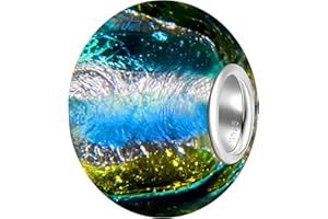 Andante-Stones - Original, Plata de Ley 925 sólida, Cuenta de Cristal de la Serie Sealife con Rayas Azules, amarilo-Plateado, Elemento Bola para Cuentas European Beads + Saco de Organza