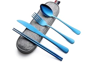 DEVICO Camping Cutlery Set for 1, Portable Travel Utensils Set with Case, Reusable Stainless Steel Knife Fork Spoon Chopsticks for Work Lunch Picnic School, Dishwasher Safe (Blue)