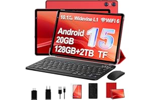 SKYEGG Tablette 10 Pouces Android 15 avec 20 Go RAM + 128 Go ROM (Extensible Jusqu'à 2 to), Widevine L1, Octa-Core, WiFi 6, 6000 mAh, 5MP+8MP, BT 5.0, Tablette Tactile avec Clavier et Souris, Rouge