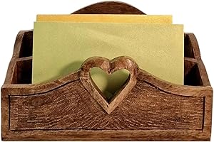 Fyne-Finds Mango Wood Letter Rack with Heart Design Rustic Mail Organizer Valentine Home Shelfsitter Decor for Entryway