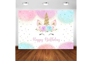 Avezano Toile de fond licorne arc-en-ciel dorée à paillettes pour filles – Toile de fond aquarelle florale licorne pour fête d'anniversaire – Fournitures de bannière (2,1 x 1,5 m)