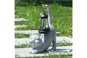 DECOROBBO Lumières solaires de Statue de Jardin, 10 Pouces lumières extérieures de Figurine de résine de Chat pour Patio, Balcon, pelouse, décoration de Cour (Gris-1)