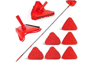 NEWE Fregona Techo Extensible hasta 202 cm, Mopa Triangular Giratoria 360° para Limpiar Azulejos y Paredes con 3 Plumeros de Chenilla y 3 Almohadillas de Microfibra (Rojo)