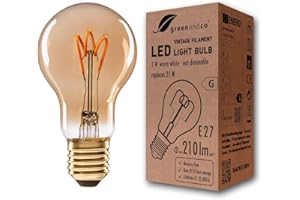 greenandco Ampoule à Filament LED Vintage | ambre | E27 A60 | 3W 210lm | 2000K blanc extra chaud | 360° | 230V | sans scintillement | non-dimmable