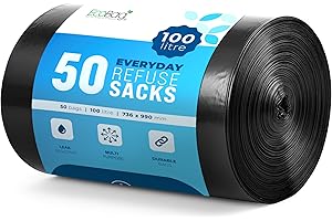 EcoBag - 50 Pack Everyday Refuse Sacks - Recyclable Bin Bags, Leak Resistant, Eco-Friendly, Durable Waste Disposal Bags for Kitchen, Office Waste & Light Rubbish, 30 Micron (Μm) /100l