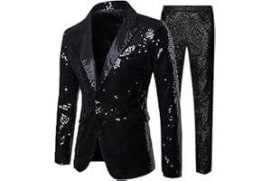 Darringls Ensemble de costume à paillettes pour homme - Veste métallique - 2 pièces - Tenue des années 80 - Blazer et pantalon long brillant - Avec veste à paillettes - Avec un bouton - Pour le marié