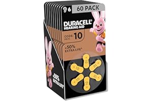 Duracell Batterie per apparecchi acustici formato 10 (confezione da 60) +50% di durata extra, installazione semplice, imballaggio 100% riciclabile, garantite per 4 anni nell'ambiente di stoccaggio