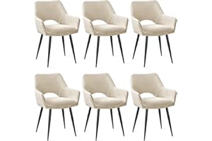 JIJIAN Set of 6 Dining Chairs, Upholstered Armchair with Arms with Backrest and Black Metal Legs for Living Room, Restaurant, Kitchen (Beige)