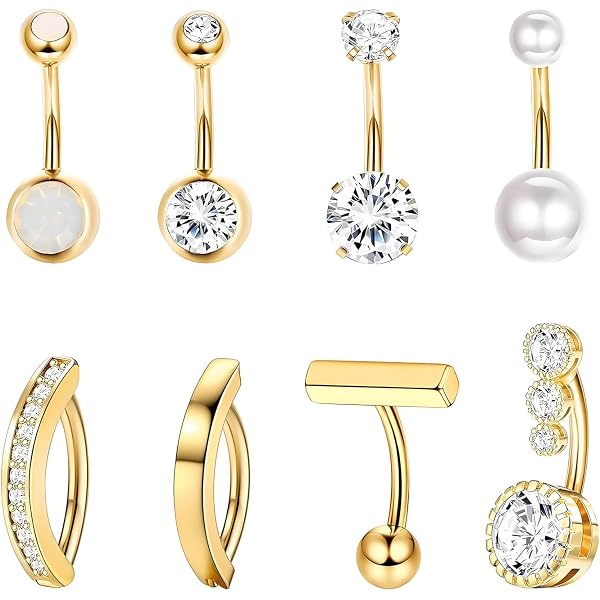 4 Piercings Nombril 14G Acier Chirurgical - Anneaux Pendants CZ Cristal Clair Coeur Chaîne Nœud Fleur