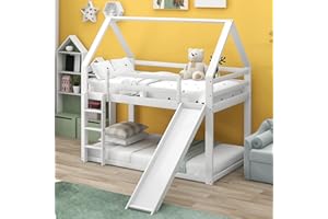 KECDUEY 90x200 cm Etagenbett, Kinderbett mit 2 Schlafgelegenheiten, Lattenrost, Leiter und Rutsche,Holzbett aus Kiefer, inkl. Rausfallschutz, Hochbett, Hausbett (Weiß mit Rutsche, 90 x 200cm)