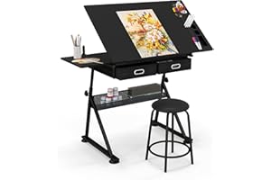 COSTWAY Stół kreślarski z taboretem, stół architekta z regulacją wysokości, biurko z uchylnym blatem, biurko dla ucznia z 2 szufladami, stół roboczy dla architektów i artystów (czarny)