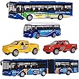 Crelloci 5Pcs Bus Toy Die Cast Pull Back Model Bus Set 3 Stagecoach Coach City Buses and 2 Mini Pickup Truck Kids' Play Car Set 3 4 5 Year Old Boys Girls Toddlers