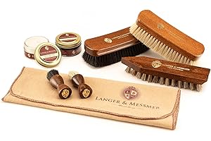 Langer & Messmer Kit per la cura delle scarpe con creme per la cura della pelle di alta qualità e spazzole di crine per una cura efficace delle vostre scarpe in pelle liscia - Il set di lustrascarpe
