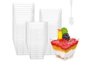 BASVII Lot de 50 Verres à Dessert de 60 ml, Avec 50 Cuillères à Dessert pour Pudding, Mousse, Crème Glacée, Gobelets à Dessert Carrés pour Anniversaire (Trasparente)