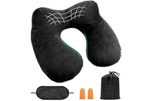 SUPRBIRD Nackenkissen Aufblasbar, Reisekissen Flugzeug, Reise Nackenkissen, Reisekissen Aufblasbar mit Ohrstöpsel, Weichem Samt Ergonomisch Leichtes Nackenhörnchen für Reise, Flugzeug, Auto, Büro (Schwarz)