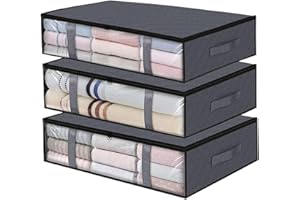 UPhitnis 3 Stück Unterbett Aufbewahrungsbox - Unterbettkommode mit Sichtfenster & Reißverschluss & Griffen - Faltbare Bettkasten Aufbewahrungstasche für Bettdecken/Kleidung/Bettzeug/Decken 60x45x15cm