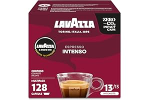 Lavazza, A Modo Mio Espresso Intenso, 128 Capsules de Café, pour un Espresso aux Notes de Cacao et d'épices, Arabica et Robusta, Intensité 13/13, Torréfaction Moyenne, 8 Paquets de 16 Capsules