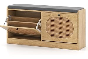 COSTWAY Shoe Storage Bench, Rattan Shoe Rack Stand with Seat Cushion, 2 Flip Drawers and Adjustable Shelves, Boho Wooden Hallway Bench Stool Cabinet Shoes Organizer Unit for Entryway Bedroom, Natural