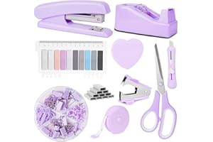 OFFCUP Set di Cancelleria con 1000 Punti, Set di Cucitrici, Forbici Dispenser Levapunti, Foglietti Adesivi a Dieci Colori, Clip, Metro a Nastro, per Casa e Ufficio (Viola)
