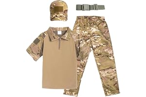 QIYUANT Niños Conjunto de Camiseta y Pantalones Camuflaje Táctico Verano Airsoft Camuflaje Militar Manga Corta Combate Deportivo Senderismo Caza Camping Niña Hombre Mujere