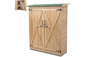 GiantexUK Wooden Garden Shed, Tool Storage Cabinet with 3 Shelves, Asphalt Sloped Roof, Lockable Double Doors & Raised Legs, Outdoor Tall Vertical Tool Shed Organizer, 140 x 50 x 161cm, Natural