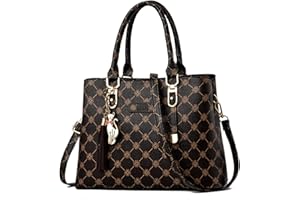 NICOLE & DORIS Damen Handtasche Elegante Schultertaschen Bedruckte Handtaschen PU Leder Frauen Umhängetasche Shopper Tote Mittelgross Tasche Henkeltasche mit Anhänger Kaffee