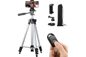 Polarduck Handy Stativ für Smartphone: Leicht Stativ Handy für iPhone Samsung & DSLR Kamera mit Bluetooth Fernbedienung 1/4 Universal-Befestigungsschrauben und Handy Halterung (106cm | Silber)
