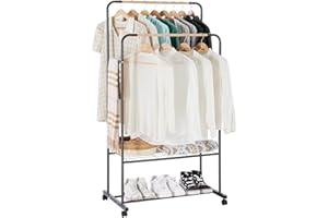 YOUDENOVA Clothes Rail on Wheels Clothes Rack Double Hanging Rails for Clothes Rails for Bedroom Heavy Duty Metal Stand Storage Shelf Black