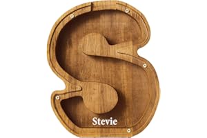 JOULLI Personalized Wooden Money Box, A-Z Letters Wooden Piggy Bank, Coin Bank with DIY Alphabet Stickers, Money Saving Bank Coin Storage Box Birthday Xmas Back to School Gifts (S)
