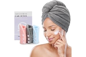 FREATECH 3 Pezzi Asciugamano Capelli in Microfibra - Asciugare Rapidamente i Capelli Bagnati senza Crespo, Turbante Capelli Morbido e Assorbente con 3 Bottoni per Donna, Bambino, Capelli Lunghi Ricci