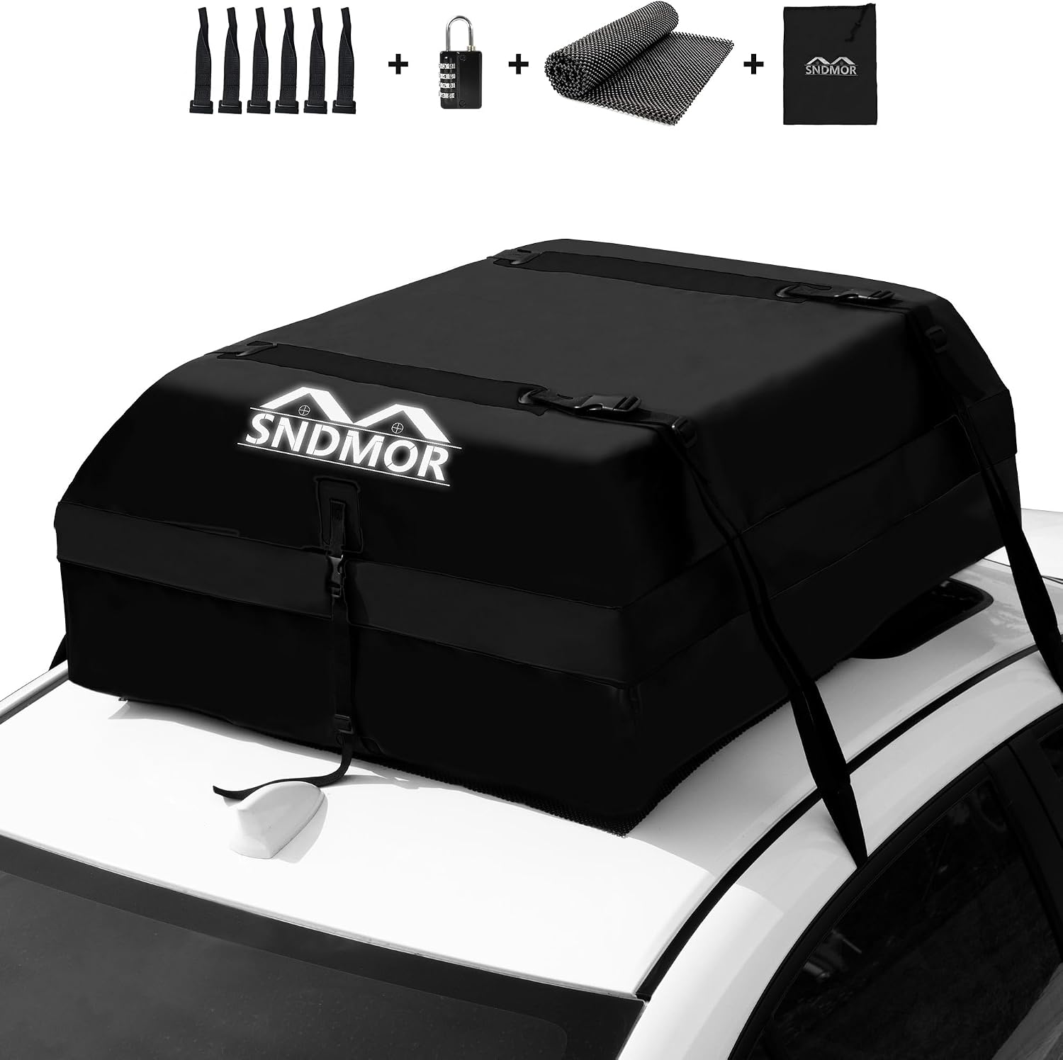 SNDMOR Bolsa de Techo, 425L/15 Pies Cúbicos de Equipaje de Techo Impermeable, Adecuada para Todos Los Vehículos con/Sin Portaequipajes, Incluye Alfombra Antideslizante + 4 Correas de Refuerzo (Negro)