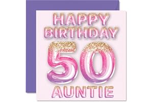 STUFF4 50th Birthday Card for Auntie - Pink & Purple Glitter Balloons - Happy Birthday Cards for 50 Year Old Aunt Aunty from Nephew Niece, 145mm Bday Greeting Cards Gift