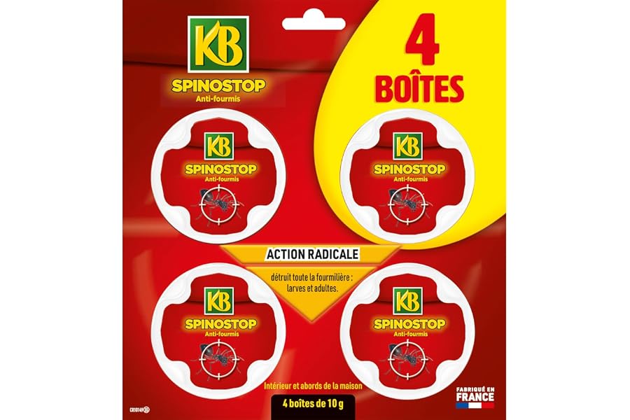 KB HOME DEFENSE Spinostop Anti-Fourmis Boîtes Appâts – Pack de 4 x 10g – Élimine le Nid & les Larves – Action Radical au Spin