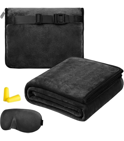 flintronic Vliegtuigreisdeken, 2-in-1 reisdeken en kussen, zacht en warm, met slaapmasker en oordopjes, met rugzakklem, voor vliegtuig, auto, kantoor, zwart