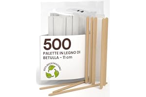 BACIATO CAFFÈ Lot de 500 palettes longues à café et Cappuccino jetables en bois de bouleau de 11 cm, emballées individuellement, biodégradables et compostables, résistantes à la chaleur pour mélanger le café et les