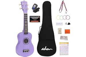 ADM Sopran Ukulele Set für Kinder und Anfänger, Ukulele Starter Kit mit Tasche, Clip-On-Stimmgerät, Regenbogen-Saiten, bunter Gurt, Plektrum, Griffbrettaufkleber, Akkordkarte (Lila)