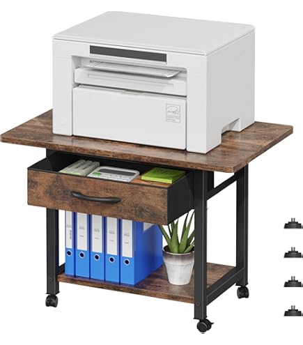 2-traps printerstandaard, printerstandaard met lade, multifunctionele bureau-organizer, printerhouder, industrieel design, printtafel voor kantoor, thuis, school, fax, kopieerapparaat, scanner (bruin