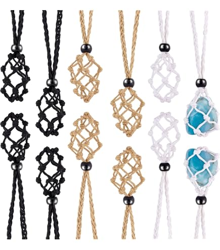 Hicarer 6 Pièces Cordons de Collier Porte-Pierre Vide Supports de Collier de Pierre de Cristal de Quartz 3 Tailles Porte-Cage de Collier Pierre en Filet Réglables pour Bijoux DIY(Noir, Beige
