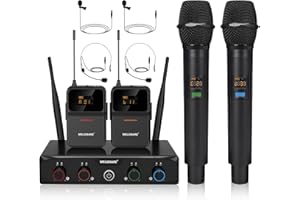 MELONARE Sistema microfonico wireless UHF a 4 canali con 4x10 frequenze, 200 piedi, 2 microfoni dinamici palmari, 2 bodypack e microfoni per cuffie/lapelle per canto, karaoke, DJ (MWM-41-2H2B)