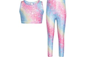 JiAmy Dziewczęcy zestaw treningowy wycięcie z tyłu dwuczęściowe błyszczące zestawy odzieży sportowej bez rękawów krótkie podkoszulki legginsy do jogi dla dzieci