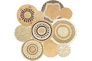 TEL CHARME * 10 Pack Boho Wall Decor, 15 Inch Wall Basket Decor Round Handmade Hanging, Rattan Woven Wall Basket Decor for living room, Rustic Flat Elegant, Farmhouse, Bedrooms, Table Settings, Kitchen Home