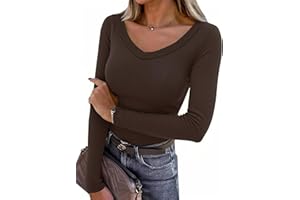 Aottori Camiseta Manga Larga Mujer Básica Tops Cuello en V Elegante Punto Jersey Camisetas Ajustada Elástico Liso Ligero Casual Túnica