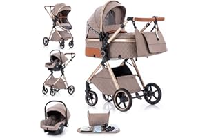 Gcarebb 3 in 1 Prams Travel System, Pushchair with Height Adjustable Handle, Travel Pram with Rain Cover, Baby Stroller with Aluminum Frame for Newborn