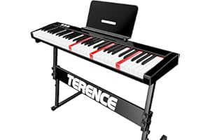 TERENCE Pianos digitales portátil con 61 teclas semi-ponderadas y soportes y batería de 1800mAh Teclado interfaz MIDI con Bluetooth soporte para partituras bolsa adhesiva cable de audio auriculares