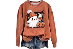 EQWIGKEIT Halloween Pullover Damen Sweatshirt Damen Ohne Kapuze Pullover Kürbisse Und Geister Drucken Langarm Rundhals Pulli Halloween Druck Festival Festlich Langarmshirt Locker Oberteil Halloween Kostüm
