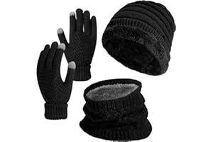 Xialvyu Mütze Schal Handschuh Set,3 in 1 Warme Winter-Strick-Sets Schwarz Winter Beanie Hut Schal Touchscreen Handschuhe mit Flaum Gefütterte für Herren und Damen